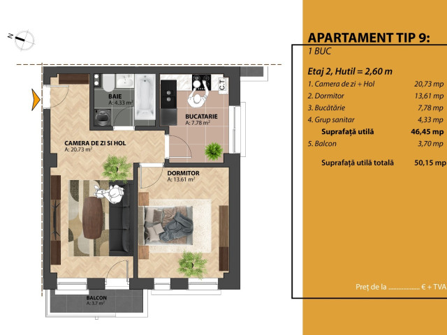 Bularga apartament nou  50 mp, 2 camere,  decomandat, de vanzare,  (800m in spate la Lidl Bucium) 149404