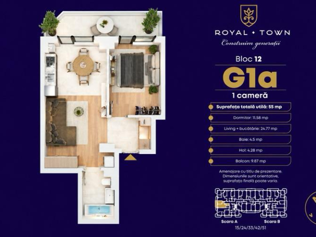 Apartament nou de vanzare, 1 camera,  decomandat,  55 mp, Copou,  (Complex Royal Town) 163505