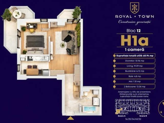 Apartament nou, 1 camera  open-space,  61 mp, Copou, de vanzare,  (Complex Royal Town) 163506